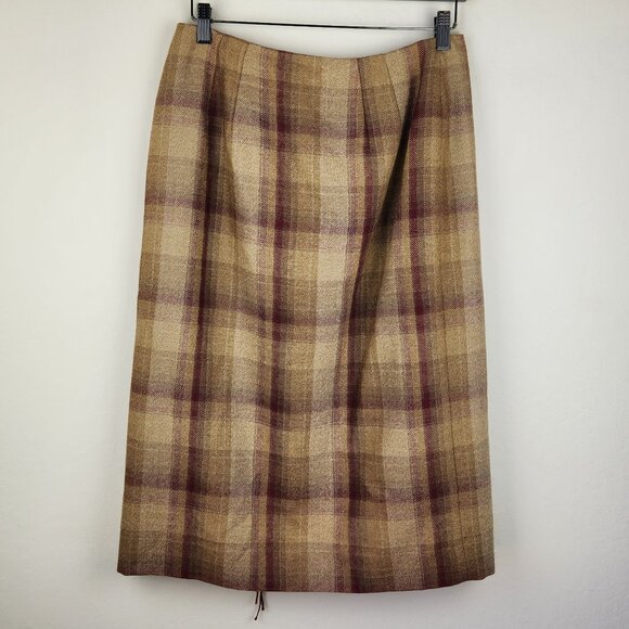 Vintage Talbots Wool Plaid Fringe Faux Wrap Midi Skirt sz 8 - Picture 2 of 8